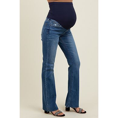 Maternity Blue Distressed Raw Hem Maternity Bootcut Jeans