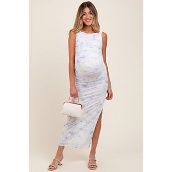 Maternity Floral Ruched Side Slit Midi Dress
