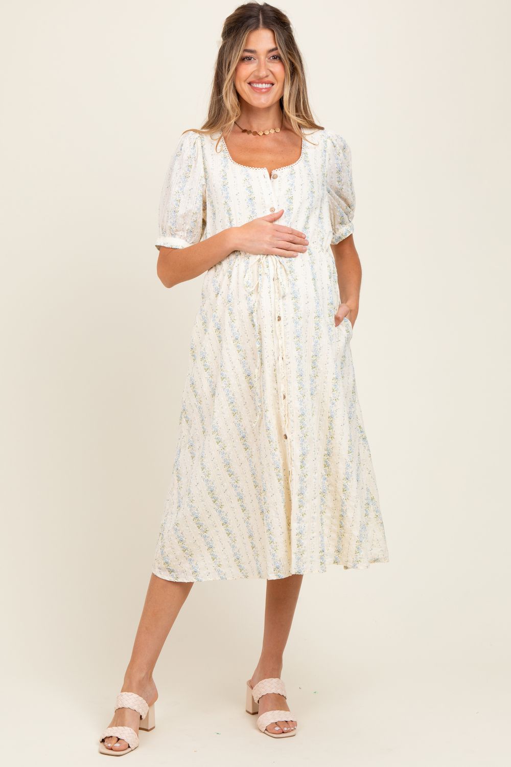 Женские платья Maternity Blue Swiss Dot Floral Print Button Down Midi Dress