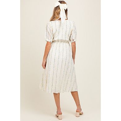 Maternity Blue Swiss Dot Floral Print Button Down Midi Dress