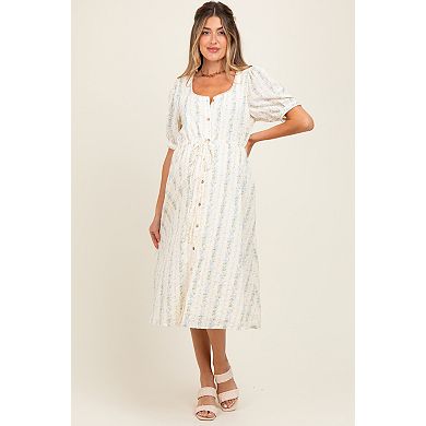 Maternity Blue Swiss Dot Floral Print Button Down Midi Dress