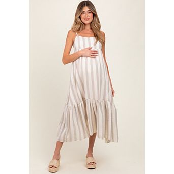 Maternity Wide Stripe Linen Blend Sleeveless Maxi Dress