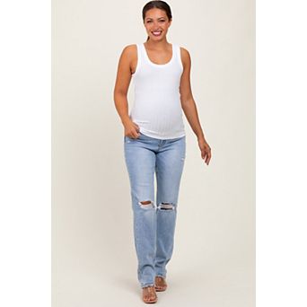 Maternity Blue Distressed Ripped Knee Straight Leg Maternity Jeans