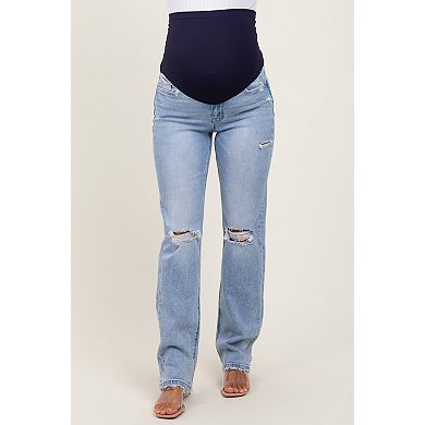 Maternity Blue Distressed Ripped Knee Straight Leg Maternity Jeans