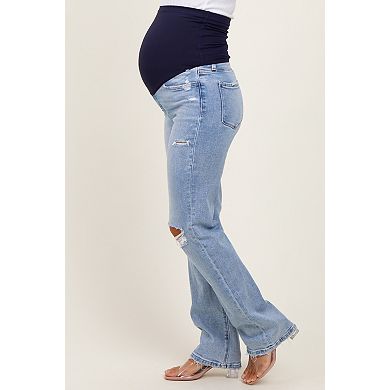 Maternity Blue Distressed Ripped Knee Straight Leg Maternity Jeans