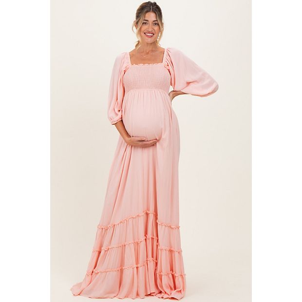 Maternity Pink Solid 3/4 Sleeve Smocked Top Tiered Maxi Dress