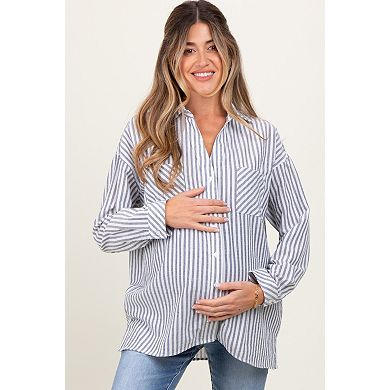 Maternity Striped Double Pocket Button Down Top