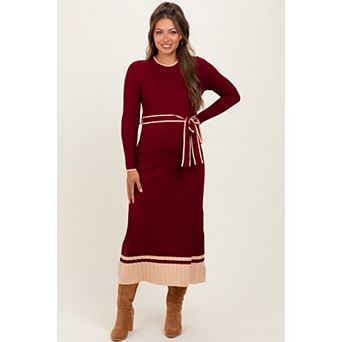 Maternity Elegant Ribbed Midi Sweater Dress With Belt