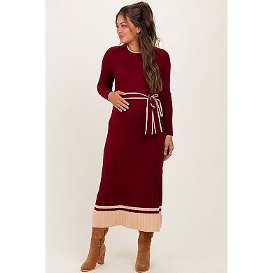 Maternity Elegant Ribbed Midi Sweater Dress With Belt