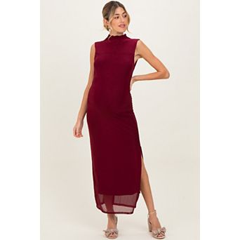 Maternity Mock Neck Ruched Mesh Midi Dress
