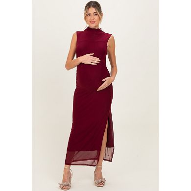 Maternity Mock Neck Ruched Mesh Midi Dress