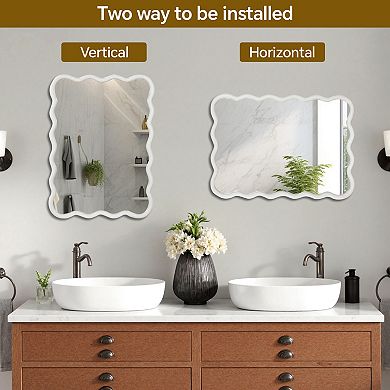 White 30x40in Wavy Rectangle Solid Wood Frame Decorative Mirror for Bedroom Bathroom