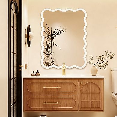 White 30x40in Wavy Rectangle Solid Wood Frame Decorative Mirror for Bedroom Bathroom
