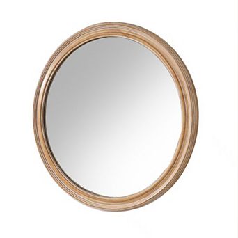 Natural Wood Round Wall Mirror 23.62" with Ribbed Frame