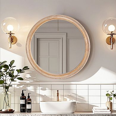 Natural Wood Round Wall Mirror 23.62" with Ribbed Frame