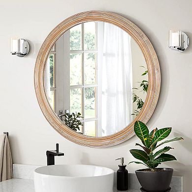 Natural Wood Round Wall Mirror 23.62" with Ribbed Frame