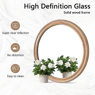 Natural Wood Round Wall Mirror 23.62" with Ribbed Frame