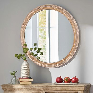 Natural Wood Round Wall Mirror 23.62" with Ribbed Frame