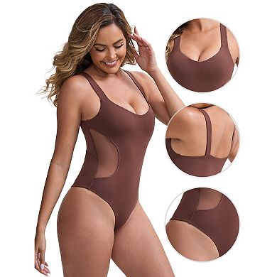 Women's Mesh Seamless with Buckle Crotch Leotard Wide Straps Push Up Slimming Waist Bodysuits