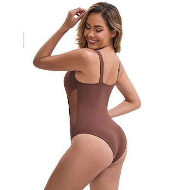 Women's Mesh Seamless with Buckle Crotch Leotard Wide Straps Push Up Slimming Waist Bodysuits