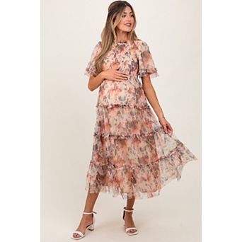Maternity Floral Mesh Smocked Midi Dress