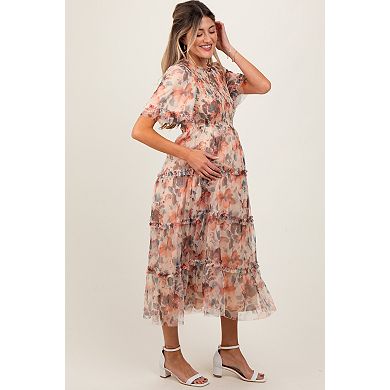 Maternity Floral Mesh Smocked Midi Dress