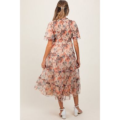 Maternity Floral Mesh Smocked Midi Dress