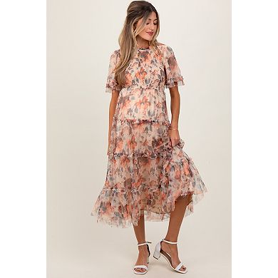 Maternity Floral Mesh Smocked Midi Dress