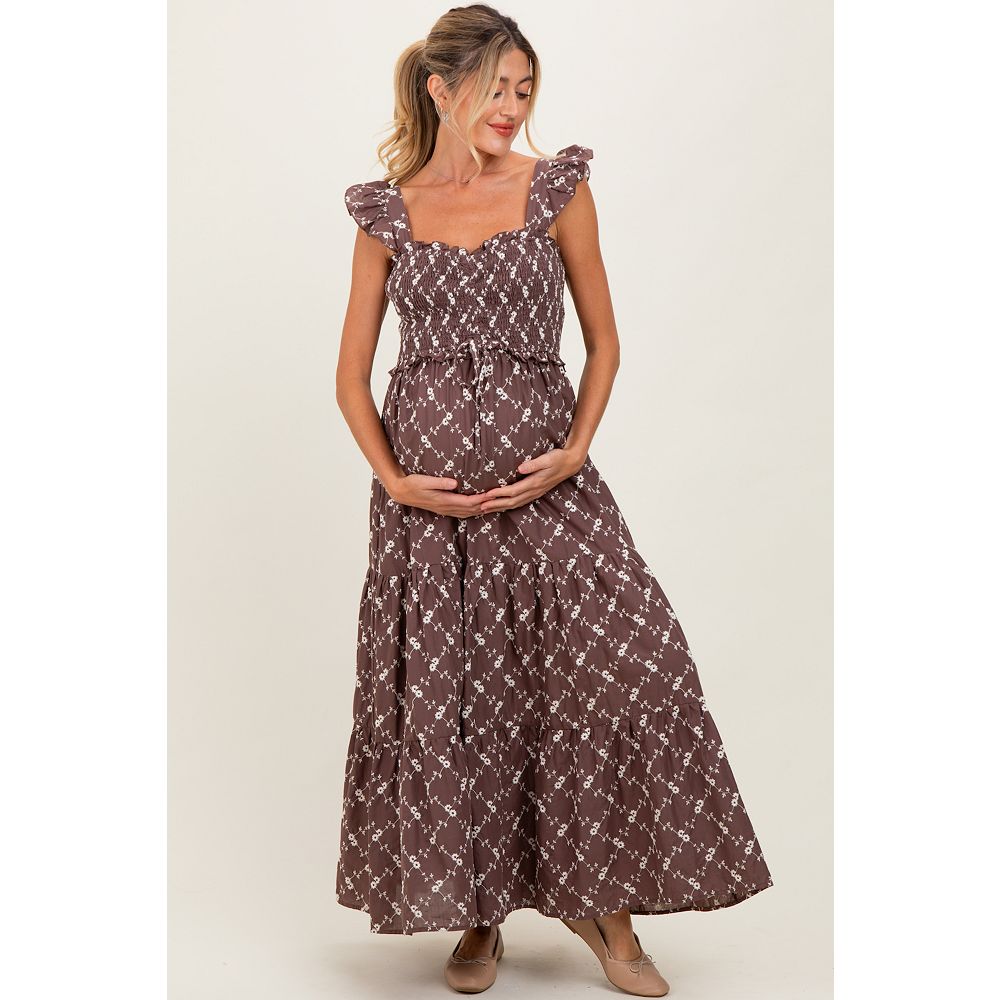 PinkBlush Brown Off White Floral Embroidered Tiered Maternity Maxi Dress Small