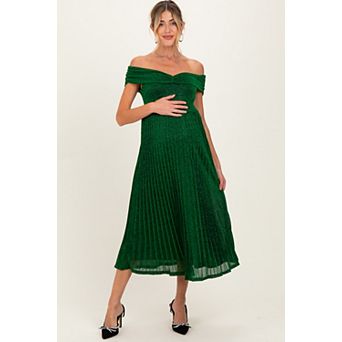 Maternity Green Shimmer Off Shoulder Pleated Midi Dress