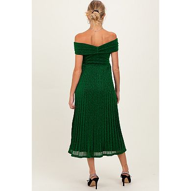 Maternity Shimmer Off Shoulder Pleated Midi Dress