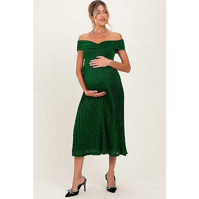 Maternity Shimmer Off Shoulder Pleated Midi Dress