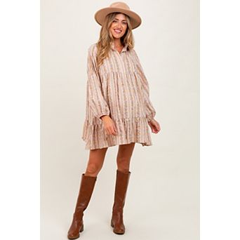 Maternity Floral Print Shirring Half Buttoned Shirt Dress