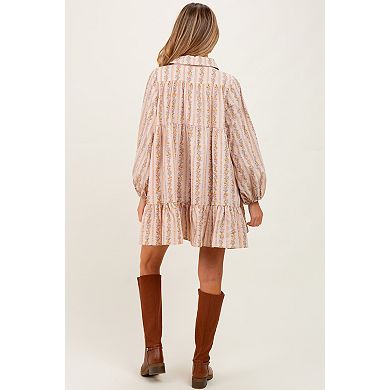 Maternity Floral Print Shirring Half Buttoned Shirt Dress