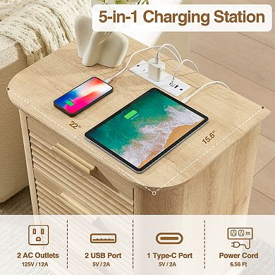 Modern 22" Wide Fluted Wood Nightstand with Charging Station and 3 Drawers