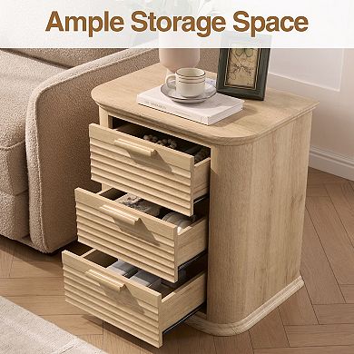 Modern 22" Wide Fluted Wood Nightstand with Charging Station and 3 Drawers