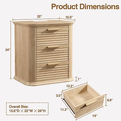 Modern 22" Wide Fluted Wood Nightstand with Charging Station and 3 Drawers
