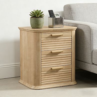 Modern 22" Wide Fluted Wood Nightstand with Charging Station and 3 Drawers