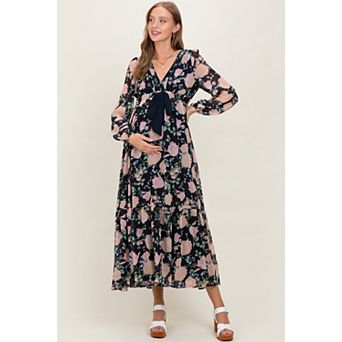 Maternity Floral Chiffon Bow Tie Front Maxi Dress
