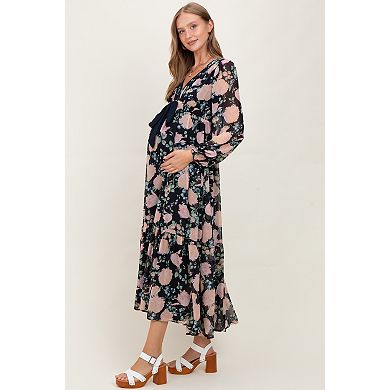 Maternity Floral Chiffon Bow Tie Front Maxi Dress