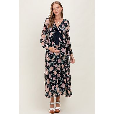 Maternity Floral Chiffon Bow Tie Front Maxi Dress
