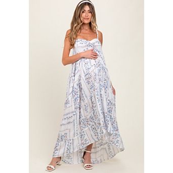 Maternity Blue Hi-Lo Spaghetti Strap Patchwork Ruffle Maxi Dress