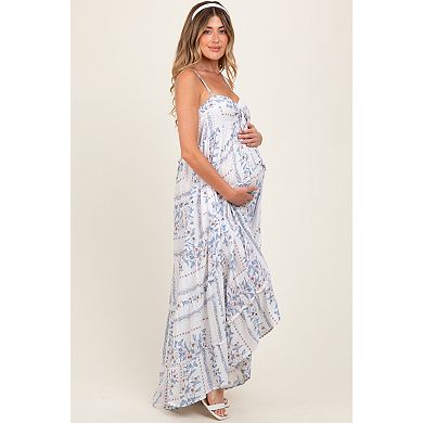 Maternity Blue Hi-Lo Spaghetti Strap Patchwork Ruffle Maxi Dress