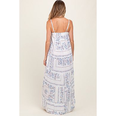 Maternity Blue Hi-Lo Spaghetti Strap Patchwork Ruffle Maxi Dress