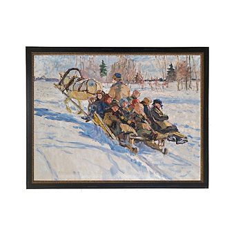 Vintage Winter Scene with Children and Horse and Sled