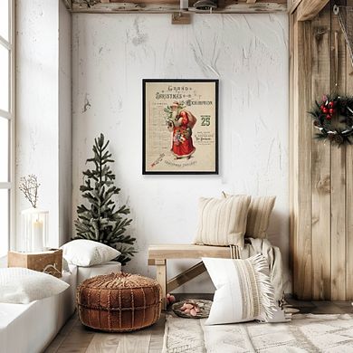 Vintage Painting of Santa on a distressed bookplate background