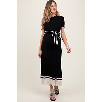 Maternity Ribbed Knit Pleated Midi Dress