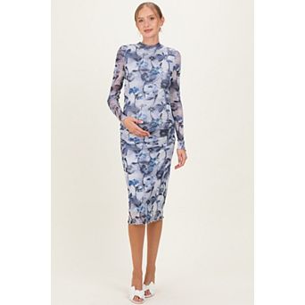 Maternity Floral Mesh Long Sleeve Midi Dress