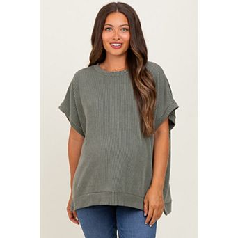 Maternity Solid Ribbed Short Sleeve Oversized Tunic Top