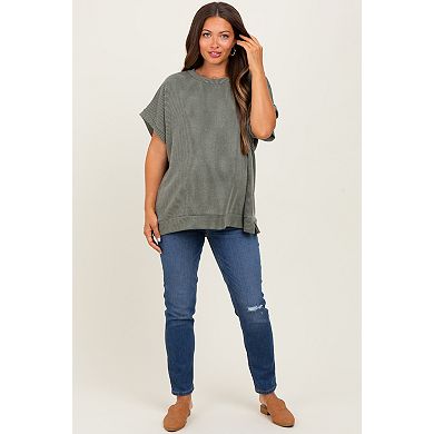 Maternity Solid Ribbed Short Sleeve Oversized Tunic Top